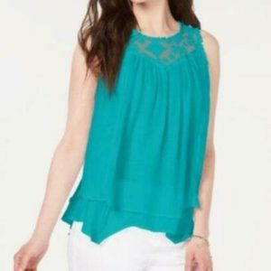 Style & Co women XS lace trim swing top blue sleeveless, asymmetrical